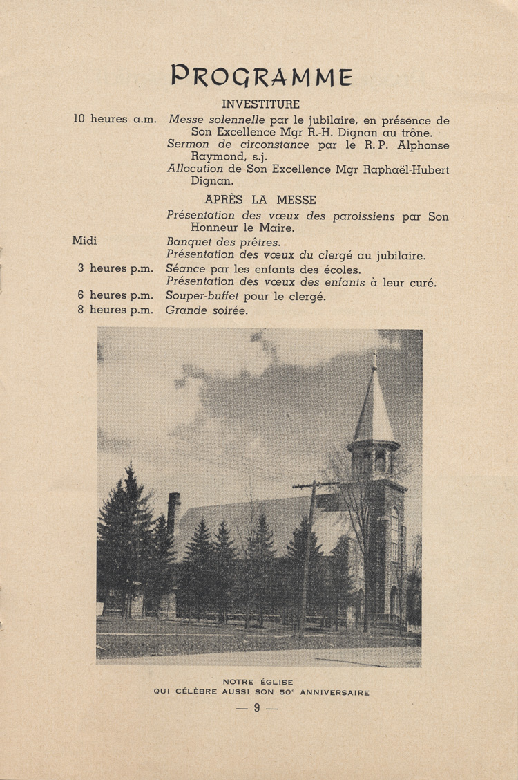 Reproduction de la neuvi&egrave;me page du programme des c&eacute;l&eacute;brations du jubil&eacute; d'or sacerdotal de Mgr Oscar Racette, cur&eacute; de Verner (Ontario), le 23 mai 1955, 1955.