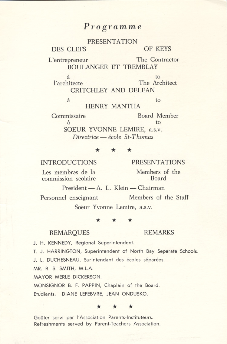 Programme de l'inauguration du Centre Joseph-Beaulieu