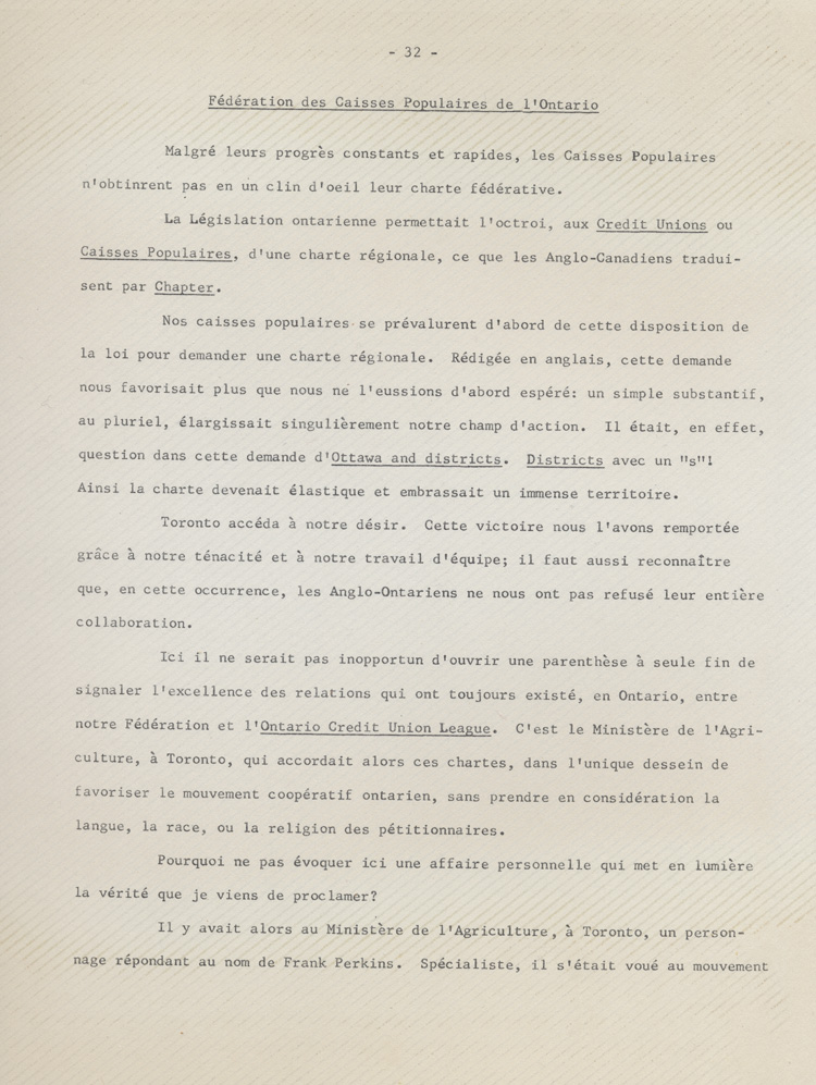 Reproduction de la trente-deuxi&egrave;me page des souvenirs et r&eacute;miniscences de Louis-Joseph Billy, recueillis par S&eacute;raphin Marion qui relate l’historique de la F&eacute;d&eacute;ration des caisses populaires de l’Ontario, ca 1973.