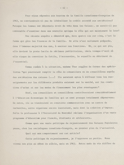 Reproduction de la quarante-deuxi&egrave;me page des souvenirs et r&eacute;miniscences de Louis-Joseph Billy, recueillis par S&eacute;raphin Marion, plaidant en faveur de l’accroissement du r&ocirc;le des femmes dans les caisses populaires, ca 1973 