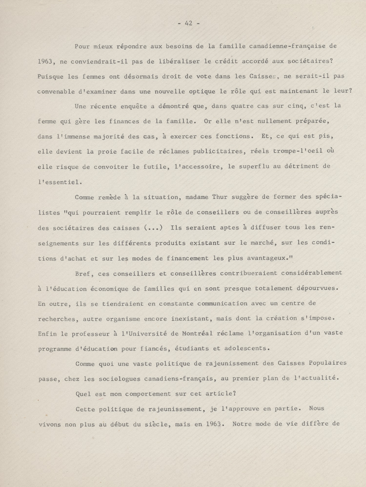 Reproduction de la quarante-deuxi&egrave;me page des souvenirs et r&eacute;miniscences de Louis-Joseph Billy, recueillis par S&eacute;raphin Marion, plaidant en faveur de l’accroissement du r&ocirc;le des femmes dans les caisses populaires, ca 1973 