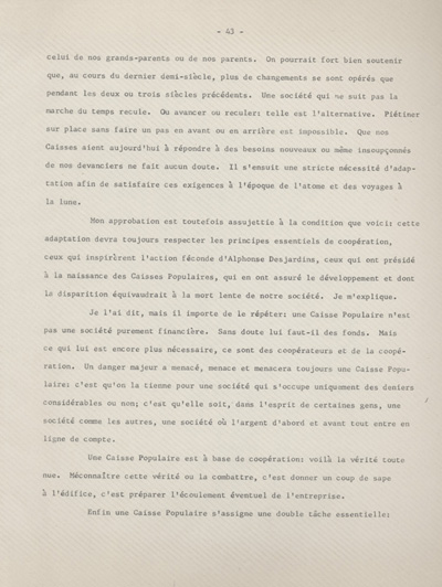 Reproduction de la quarante-troisi&egrave;me page des souvenirs et r&eacute;miniscences de Louis-Joseph Billy, recueillis par S&eacute;raphin Marion, plaidant en faveur de l’accroissement du r&ocirc;le des femmes dans les caisses populaires, ca 1973.