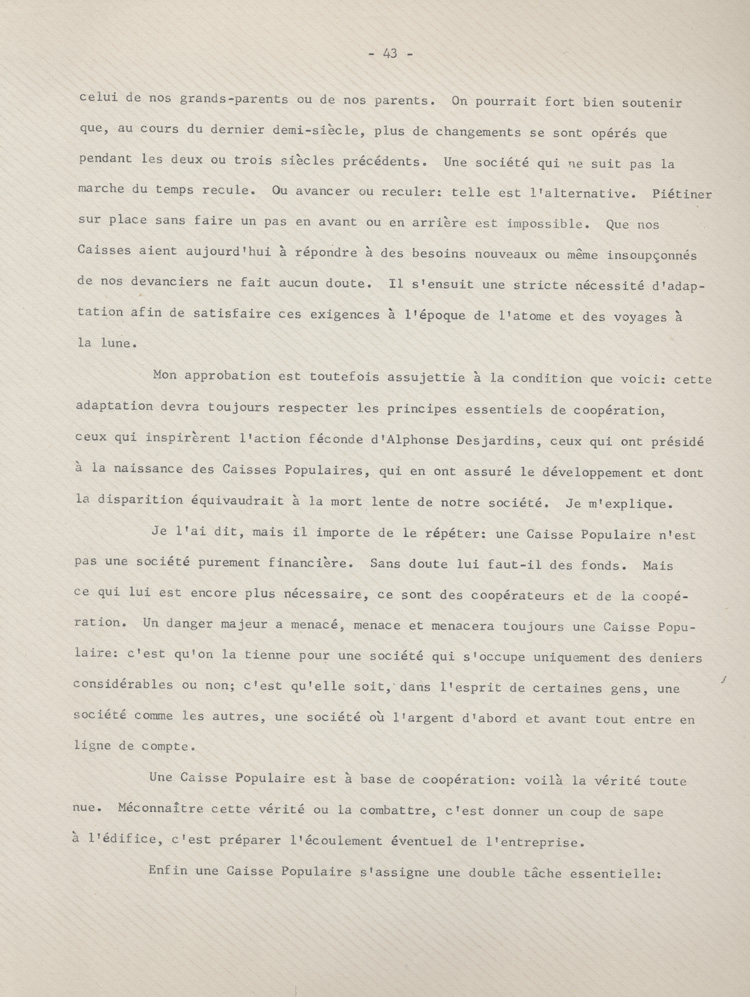 Reproduction de la quarante-troisi&egrave;me page des souvenirs et r&eacute;miniscences de Louis-Joseph Billy, recueillis par S&eacute;raphin Marion, plaidant en faveur de l’accroissement du r&ocirc;le des femmes dans les caisses populaires, ca 1973.
