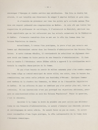 Reproduction de la quarante-quatri&egrave;me page des souvenirs et r&eacute;miniscences de Louis-Joseph Billy, recueillis par S&eacute;raphin Marion, plaidant en faveur de l’accroissement du r&ocirc;le des femmes dans les caisses populaires, ca 1973.