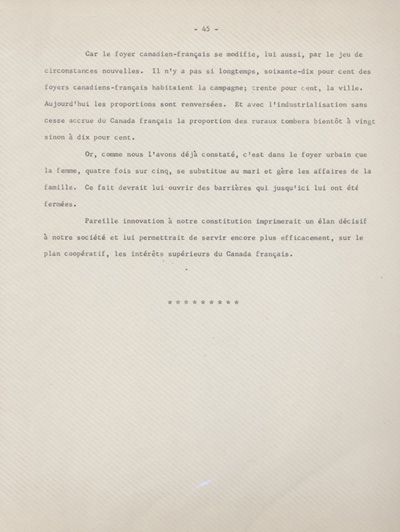 Reproduction de la quarante-cinqui&egrave;me page des souvenirs et r&eacute;miniscences de Louis-Joseph Billy, recueillis par S&eacute;raphin Marion, plaidant en faveur de l’accroissement du r&ocirc;le des femmes dans les caisses populaires, ca 1973.