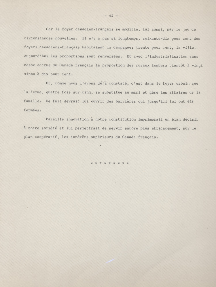 Reproduction de la quarante-cinqui&egrave;me page des souvenirs et r&eacute;miniscences de Louis-Joseph Billy, recueillis par S&eacute;raphin Marion, plaidant en faveur de l’accroissement du r&ocirc;le des femmes dans les caisses populaires, ca 1973.