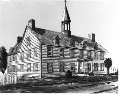 Reproduction d’un dessin du premier &eacute;difice occup&eacute; par le Coll&egrave;ge de Bytown sur la rue Guigues, 1848-1852, Ottawa (Ontario), 1848.