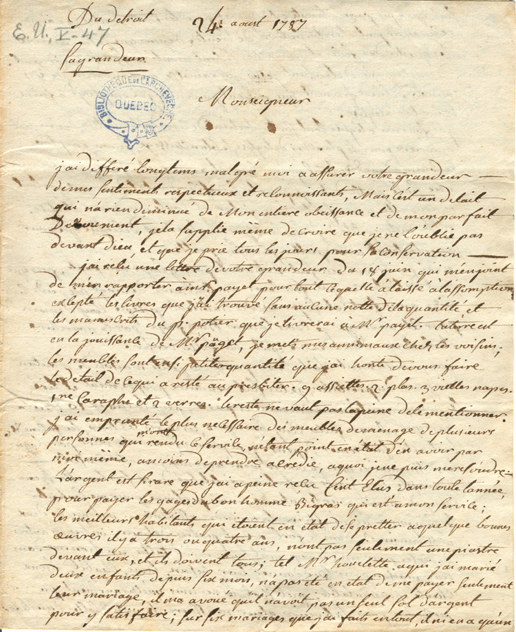 Reproduction de la premi&egrave;re page d’une lettre de l’abb&eacute; Fran&ccedil;ois-Xavier Dufaux, cur&eacute; de la paroisse Notre-Dame-de-L’Assomption &agrave; Sandwich (Windsor, Ontario), &agrave; Mgr Jean-Fran&ccedil;ois Hubert, &eacute;v&ecirc;que coadjuteur de Qu&eacute;bec, 24 ao&ucirc;t 1787.