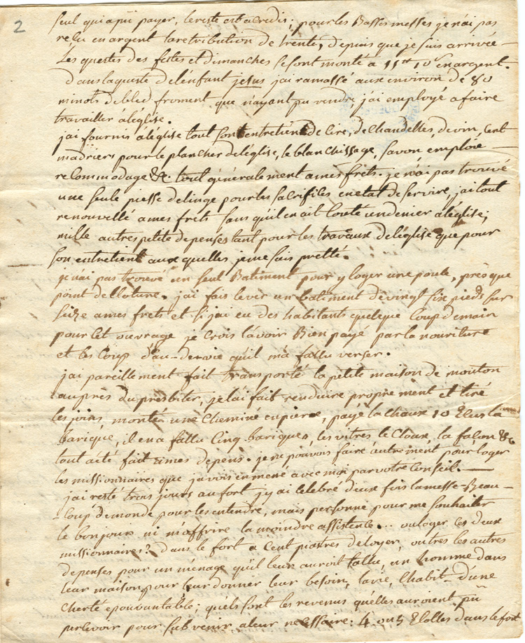 Reproduction de la deuxi&egrave;me page d’une lettre de l’abb&eacute; Fran&ccedil;ois-Xavier Dufaux, cur&eacute; de la paroisse Notre-Dame-de-L’Assomption &agrave; Sandwich (Windsor, Ontario), &agrave; Mgr Jean-Fran&ccedil;ois Hubert, &eacute;v&ecirc;que coadjuteur de Qu&eacute;bec, 24 ao&ucirc;t 1787.