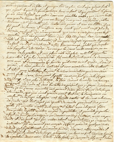 Reproduction de la troisi&egrave;me page d’une lettre de l’abb&eacute; Fran&ccedil;ois-Xavier Dufaux, cur&eacute; de la paroisse Notre-Dame-de-L’Assomption &agrave; Sandwich (Windsor, Ontario), &agrave; Mgr Jean-Fran&ccedil;ois Hubert, &eacute;v&ecirc;que coadjuteur de Qu&eacute;bec, 24 ao&ucirc;t 1787.