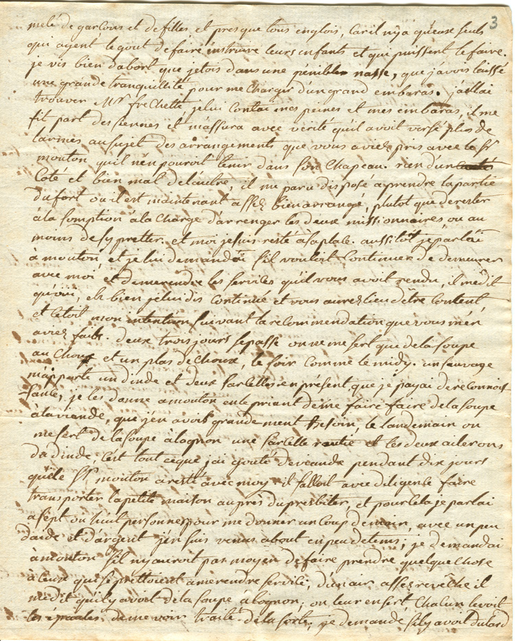 Reproduction de la troisi&egrave;me page d’une lettre de l’abb&eacute; Fran&ccedil;ois-Xavier Dufaux, cur&eacute; de la paroisse Notre-Dame-de-L’Assomption &agrave; Sandwich (Windsor, Ontario), &agrave; Mgr Jean-Fran&ccedil;ois Hubert, &eacute;v&ecirc;que coadjuteur de Qu&eacute;bec, 24 ao&ucirc;t 1787.