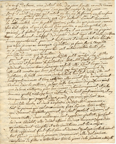 Reproduction de la quatri&egrave;me page d’une lettre de l’abb&eacute; Fran&ccedil;ois-Xavier Dufaux, cur&eacute; de la paroisse Notre-Dame-de-L’Assomption &agrave; Sandwich (Windsor, Ontario), &agrave; Mgr Jean-Fran&ccedil;ois Hubert, &eacute;v&ecirc;que coadjuteur de Qu&eacute;bec, 24 ao&ucirc;t 1787.