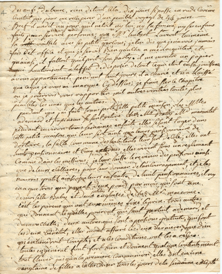 Reproduction de la quatri&egrave;me page d’une lettre de l’abb&eacute; Fran&ccedil;ois-Xavier Dufaux, cur&eacute; de la paroisse Notre-Dame-de-L’Assomption &agrave; Sandwich (Windsor, Ontario), &agrave; Mgr Jean-Fran&ccedil;ois Hubert, &eacute;v&ecirc;que coadjuteur de Qu&eacute;bec, 24 ao&ucirc;t 1787.