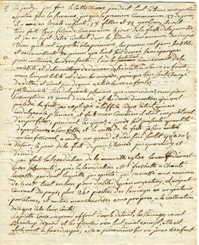 Reproduction de la cinqui&egrave;me page d’une lettre de l’abb&eacute; Fran&ccedil;ois-Xavier Dufaux, cur&eacute; de la paroisse Notre-Dame-de-L’Assomption &agrave; Sandwich (Windsor, Ontario), &agrave; Mgr Jean-Fran&ccedil;ois Hubert, &eacute;v&ecirc;que coadjuteur de Qu&eacute;bec, 24 ao&ucirc;t 1787.