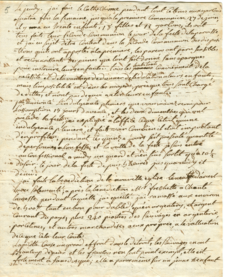 Reproduction de la cinqui&egrave;me page d’une lettre de l’abb&eacute; Fran&ccedil;ois-Xavier Dufaux, cur&eacute; de la paroisse Notre-Dame-de-L’Assomption &agrave; Sandwich (Windsor, Ontario), &agrave; Mgr Jean-Fran&ccedil;ois Hubert, &eacute;v&ecirc;que coadjuteur de Qu&eacute;bec, 24 ao&ucirc;t 1787.