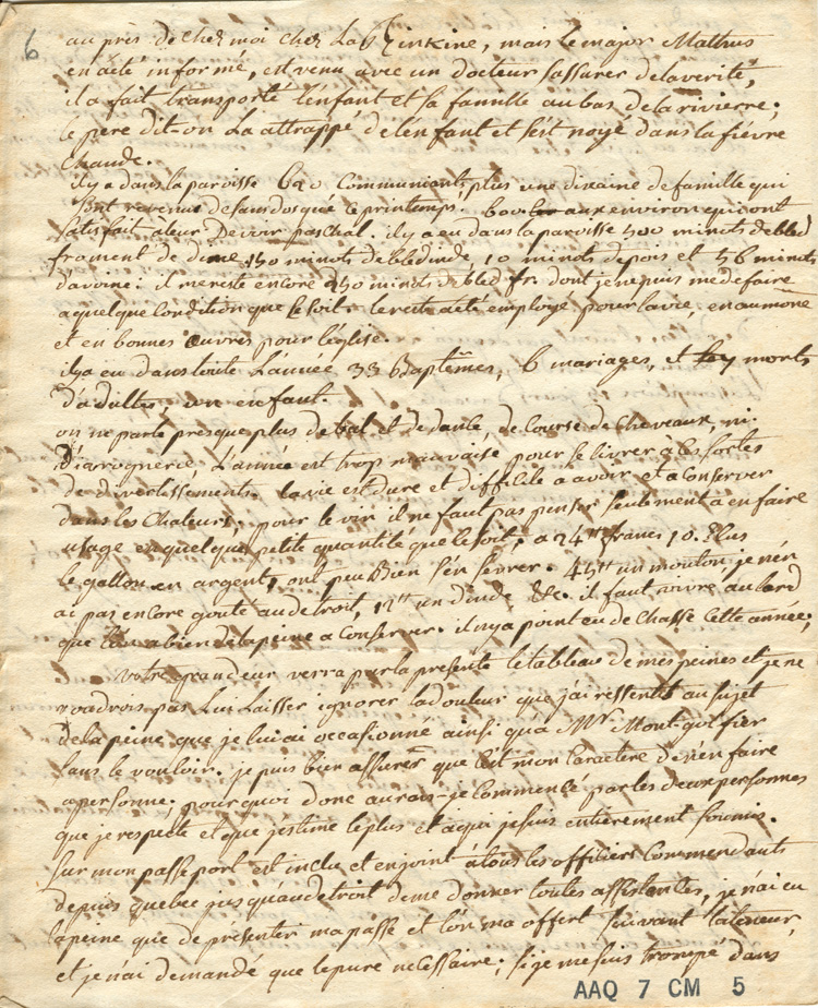 Reproduction de la sixi&egrave;me page d’une lettre de l’abb&eacute; Fran&ccedil;ois-Xavier Dufaux, cur&eacute; de la paroisse Notre-Dame-de-L’Assomption &agrave; Sandwich (Windsor, Ontario), &agrave; Mgr Jean-Fran&ccedil;ois Hubert, &eacute;v&ecirc;que coadjuteur de Qu&eacute;bec, 24 ao&ucirc;t 1787.