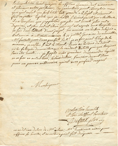 Reproduction de la septi&egrave;me page d’une lettre de l’abb&eacute; Fran&ccedil;ois-Xavier Dufaux, cur&eacute; de la paroisse Notre-Dame-de-L’Assomption &agrave; Sandwich (Windsor, Ontario), &agrave; Mgr Jean-Fran&ccedil;ois Hubert, &eacute;v&ecirc;que coadjuteur de Qu&eacute;bec, 24 ao&ucirc;t 1787.