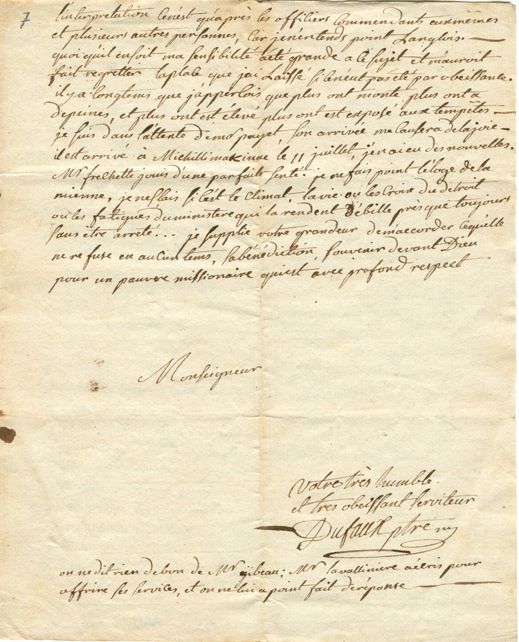 Reproduction de la septi&egrave;me page d’une lettre de l’abb&eacute; Fran&ccedil;ois-Xavier Dufaux, cur&eacute; de la paroisse Notre-Dame-de-L’Assomption &agrave; Sandwich (Windsor, Ontario), &agrave; Mgr Jean-Fran&ccedil;ois Hubert, &eacute;v&ecirc;que coadjuteur de Qu&eacute;bec, 24 ao&ucirc;t 1787.