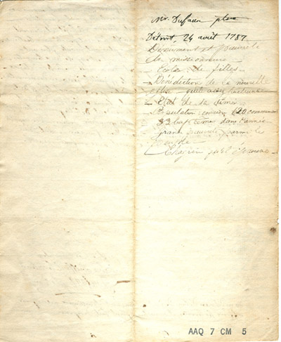 Reproduction de la huiti&egrave;me page d’une lettre de l’abb&eacute; Fran&ccedil;ois-Xavier Dufaux, cur&eacute; de la paroisse Notre-Dame-de-L’Assomption &agrave; Sandwich (Windsor, Ontario), &agrave; Mgr Jean-Fran&ccedil;ois Hubert, &eacute;v&ecirc;que coadjuteur de Qu&eacute;bec, 24 ao&ucirc;t 1787.
