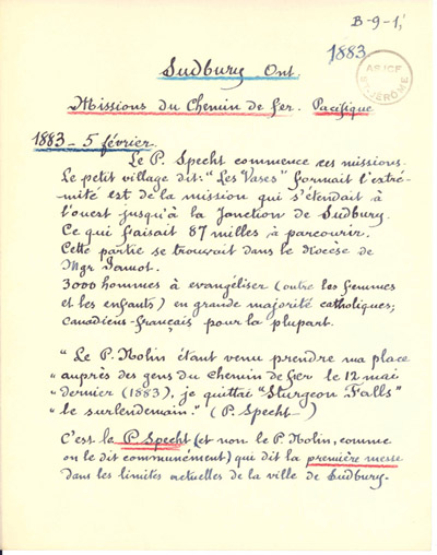 Reproduction de notes historiques d’un p&egrave;re j&eacute;suite au sujet des d&eacute;buts de Sudbury, le 5 f&eacute;vrier 1883, [19-?].