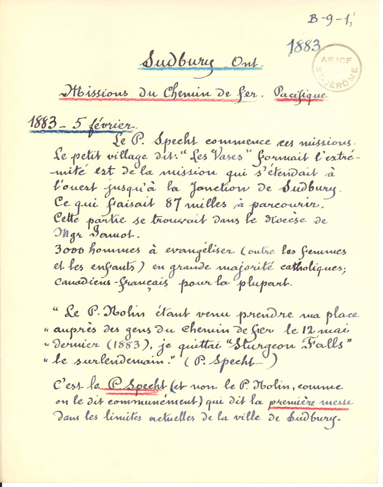 Reproduction de notes historiques d’un p&egrave;re j&eacute;suite au sujet des d&eacute;buts de Sudbury, le 5 f&eacute;vrier 1883, [19-?].