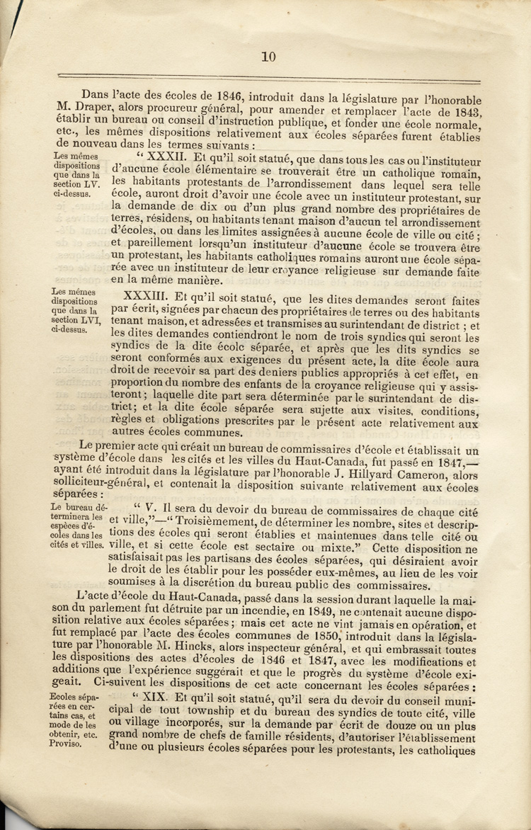 Reproduction de la dixième page du Rapport spécial sur les dispositions des écoles séparées de la Loi des écoles du Haut-Canada, et sur les mesures qui ont été adoptées pour fournir aux arrondissements et municipalités des écoles, des livres classiques, appareils et bibliothèques, par Egerton Ryerson, surintendant en chef de l’éducation pour le Haut-Canada, 1858.