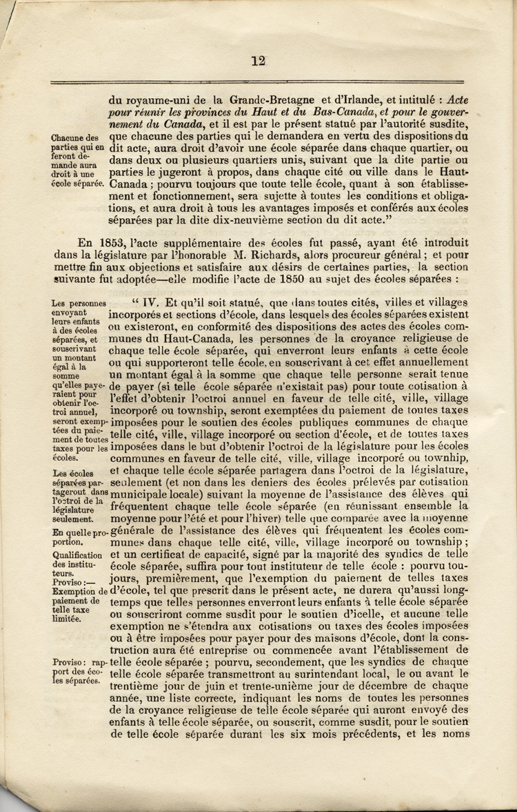 Reproduction de la douzième page du Rapport spécial sur les dispositions des écoles séparées de la Loi des écoles du Haut-Canada, et sur les mesures qui ont été adoptées pour fournir aux arrondissements et municipalités des écoles, des livres classiques, appareils et bibliothèques, par Egerton Ryerson, surintendant en chef de l’éducation pour le Haut-Canada, 1858.