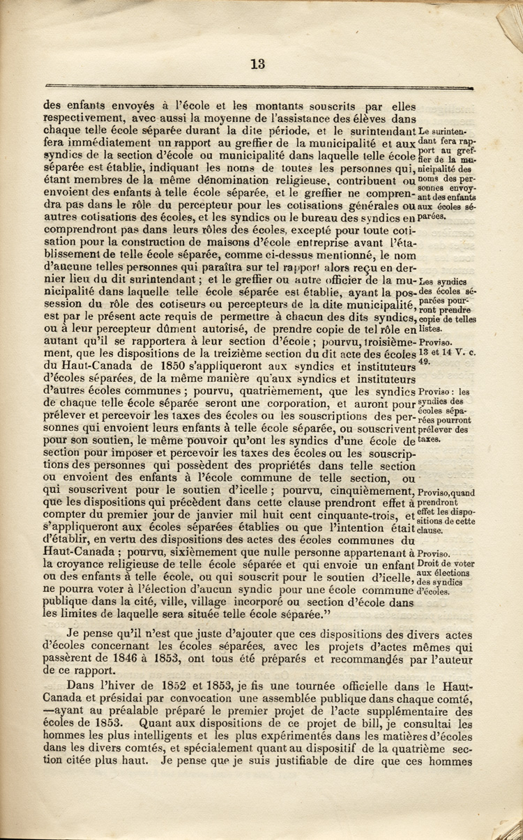 Reproduction de la treizième page du Rapport spécial sur les dispositions des écoles séparées de la Loi des écoles du Haut-Canada, et sur les mesures qui ont été adoptées pour fournir aux arrondissements et municipalités des écoles, des livres classiques, appareils et bibliothèques, par Egerton Ryerson, surintendant en chef de l’éducation pour le Haut-Canada, 1858.