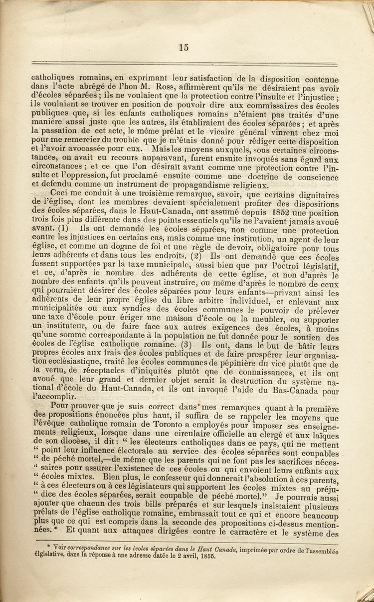 Reproduction de la quinzième page du Rapport spécial sur les dispositions des écoles séparées de la Loi des écoles du Haut-Canada, et sur les mesures qui ont été adoptées pour fournir aux arrondissements et municipalités des écoles, des livres classiques, appareils et bibliothèques, par Egerton Ryerson, surintendant en chef de l’éducation pour le Haut-Canada, 1858.