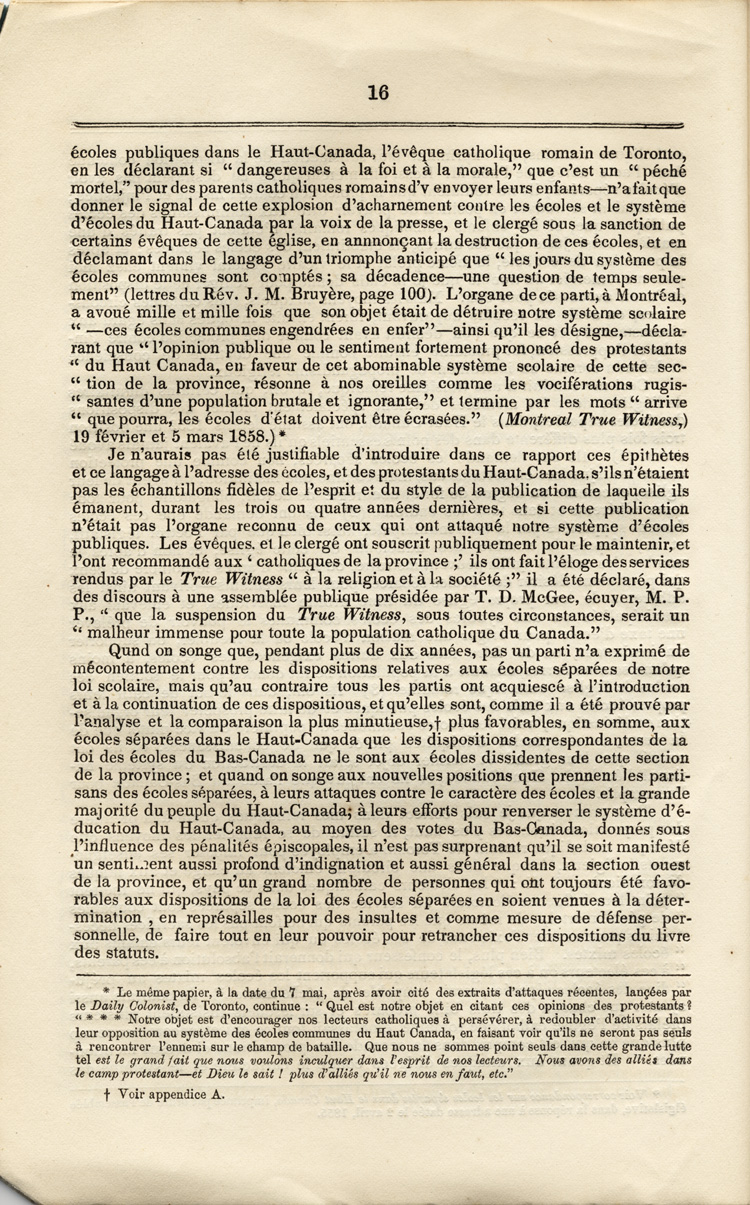 Reproduction de la seizième page du Rapport spécial sur les dispositions des écoles séparées de la Loi des écoles du Haut-Canada, et sur les mesures qui ont été adoptées pour fournir aux arrondissements et municipalités des écoles, des livres classiques, appareils et bibliothèques, par Egerton Ryerson, surintendant en chef de l’éducation pour le Haut-Canada, 1858.