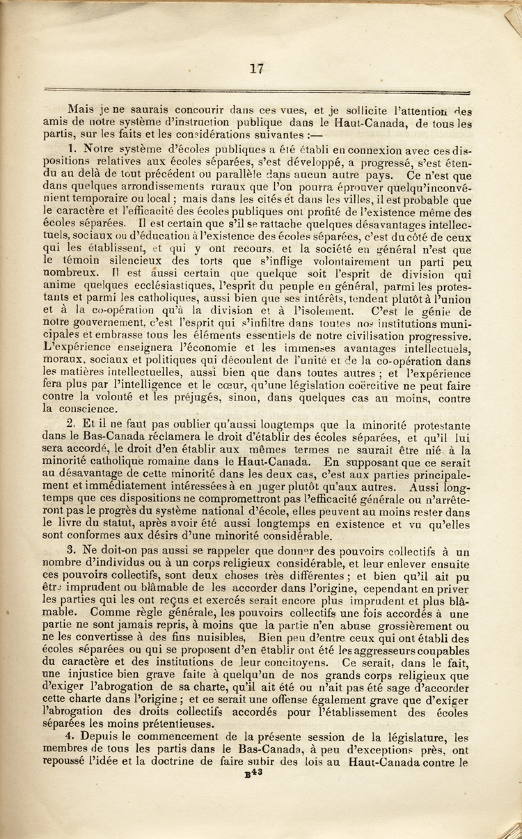 Reproduction de la dix-septième page du Rapport spécial sur les dispositions des écoles séparées de la Loi des écoles du Haut-Canada, et sur les mesures qui ont été adoptées pour fournir aux arrondissements et municipalités des écoles, des livres classiques, appareils et bibliothèques, par Egerton Ryerson, surintendant en chef de l’éducation pour le Haut-Canada, 1858.