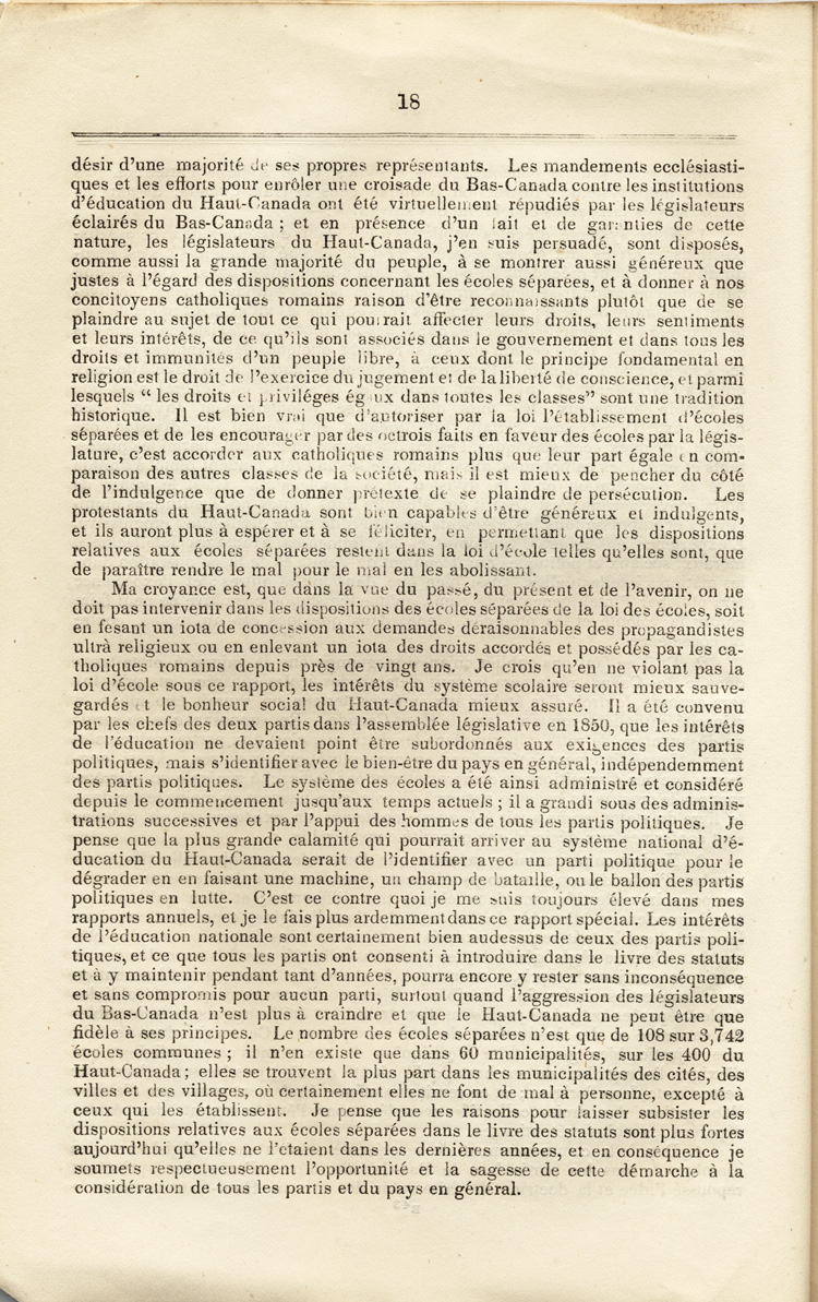 Reproduction de la dix-huitième page du Rapport spécial sur les dispositions des écoles séparées de la Loi des écoles du Haut-Canada, et sur les mesures qui ont été adoptées pour fournir aux arrondissements et municipalités des écoles, des livres classiques, appareils et bibliothèques, par Egerton Ryerson, surintendant en chef de l’éducation pour le Haut-Canada, 1858.
