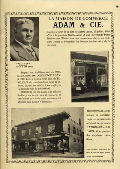 Reproduction de la trente-sixi&egrave;me page de Souvenir du cinquantenaire de la paroisse Ste-Anne, Sudbury, Ontario, 1883-1933, comprenant une annonce publicitaire de la maison de commerce Adam & Cie, 1933.