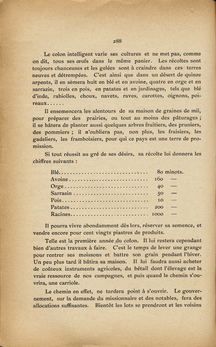 Reproduction de la deux cent quatre-vingt-huiti&egrave;me page du premier tome de Histoire de la province eccl&eacute;siastique d’Ottawa et de la colonisation de la vall&eacute;e de l’Ottawa, par Alexis de Barbezieux, d&eacute;crivant la premi&egrave;re ann&eacute;e de la vie d’une famille de colon, dont la construction d’une cabane et le d&eacute;frichage de la terre, 1897.