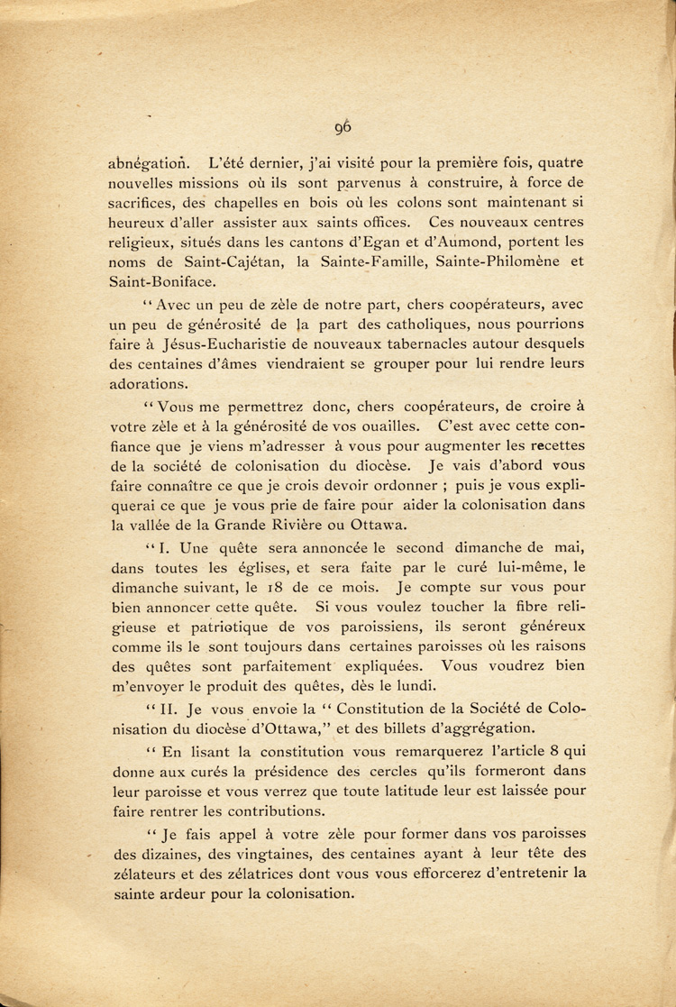 Reproduction de la quatre-vingt-seizi&egrave;me page du deuxi&egrave;me tome de l’Histoire de la province eccl&eacute;siastique d’Ottawa et de la colonisation dans la vall&eacute;e de l’Ottawa par Alexis de Barbezieux, comprenant une extrait du mandement de Mgr Joseph-Thomas Duhamel, &eacute;v&ecirc;que d’Ottawa, annon&ccedil;ant la fondation de la Soci&eacute;t&eacute; de colonisation du dioc&egrave;se d’Ottawa de colonisation, 4 mai 1884, 1897.