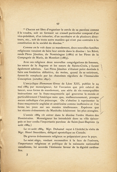 Reproduction de la quatre-vingt-dix-septi&egrave;me page du deuxi&egrave;me tome de l’Histoire de la province eccl&eacute;siastique d’Ottawa et de la colonisation dans la vall&eacute;e de l’Ottawa par Alexis de Barbezieux, comprenant une extrait du mandement de Mgr Joseph-Thomas Duhamel, &eacute;v&ecirc;que d’Ottawa, annon&ccedil;ant la fondation de la Soci&eacute;t&eacute; de colonisation du dioc&egrave;se d’Ottawa de colonisation, 4 mai 1884, 1897.