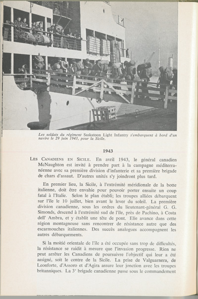 Reproduction de la deux cent vingti&egrave;me page du manuel Le Canada au XX e si&egrave;cle de Lucien Brault, d&eacute;crivant la participation canadienne en Sicile (Italie) en 1943, 1965.