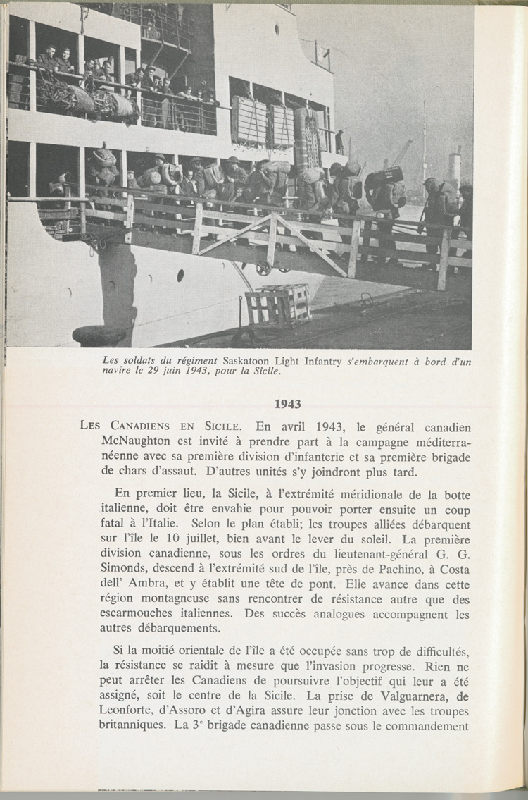 Reproduction de la deux cent vingti&egrave;me page du manuel Le Canada au XX e si&egrave;cle de Lucien Brault, d&eacute;crivant la participation canadienne en Sicile (Italie) en 1943, 1965.