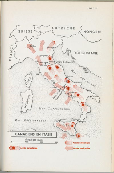 Reproduction de la deux cent vingt et uni&egrave;me page du manuel Le Canada au XX e si&egrave;cle de Lucien Brault, d&eacute;crivant la participation canadienne en Sicile (Italie) en 1943, 1965.