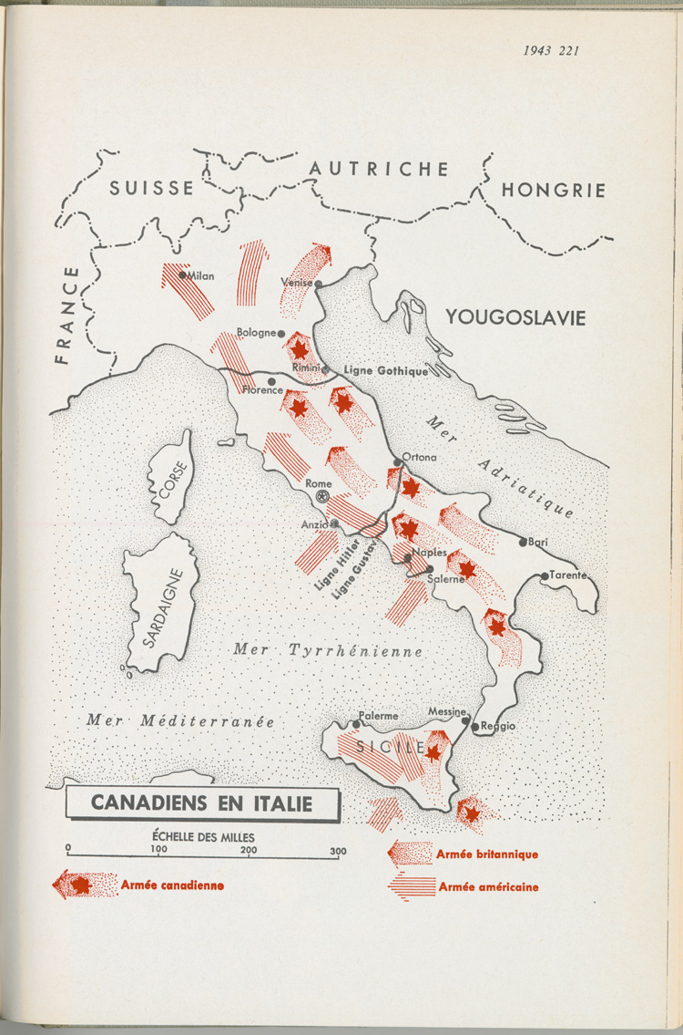 Reproduction de la deux cent vingt et uni&egrave;me page du manuel Le Canada au XX e si&egrave;cle de Lucien Brault, d&eacute;crivant la participation canadienne en Sicile (Italie) en 1943, 1965.