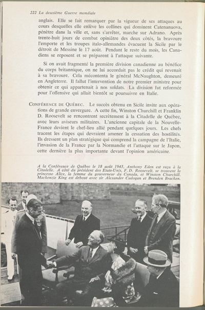 Reproduction de la deux cent vingt-deuxi&egrave;me page du manuel Le Canada au XX e si&egrave;cle de Lucien Brault, d&eacute;crivant la participation canadienne en Sicile (Italie) en 1943, 1965.