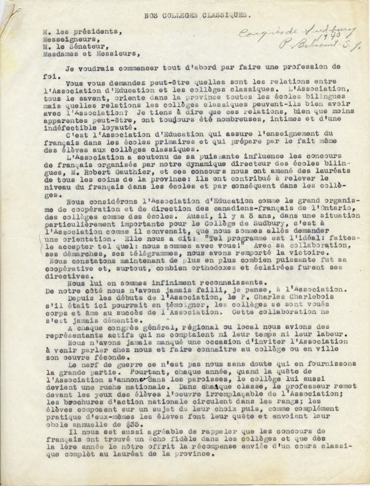 Reproduction de la première page du texte du discours de Guillaume Belcourt, s.j., prononcé au congrès régional de l’Association canadienne-française d’éducation d’Ontario, à Sudbury (Ontario) en 1940, 1940.