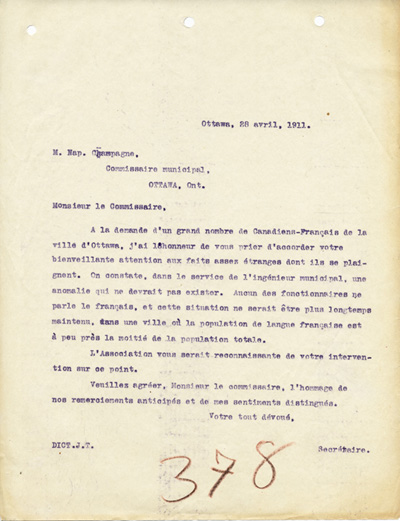 Reproduction d’une copie de la lettre de l’Association canadienne-fran&ccedil;aise d’&eacute;ducation d’Ontario &agrave; Napol&eacute;on Champagne, commissaire &agrave; la ville d’Ottawa (Ontario), 28 avril 1911.