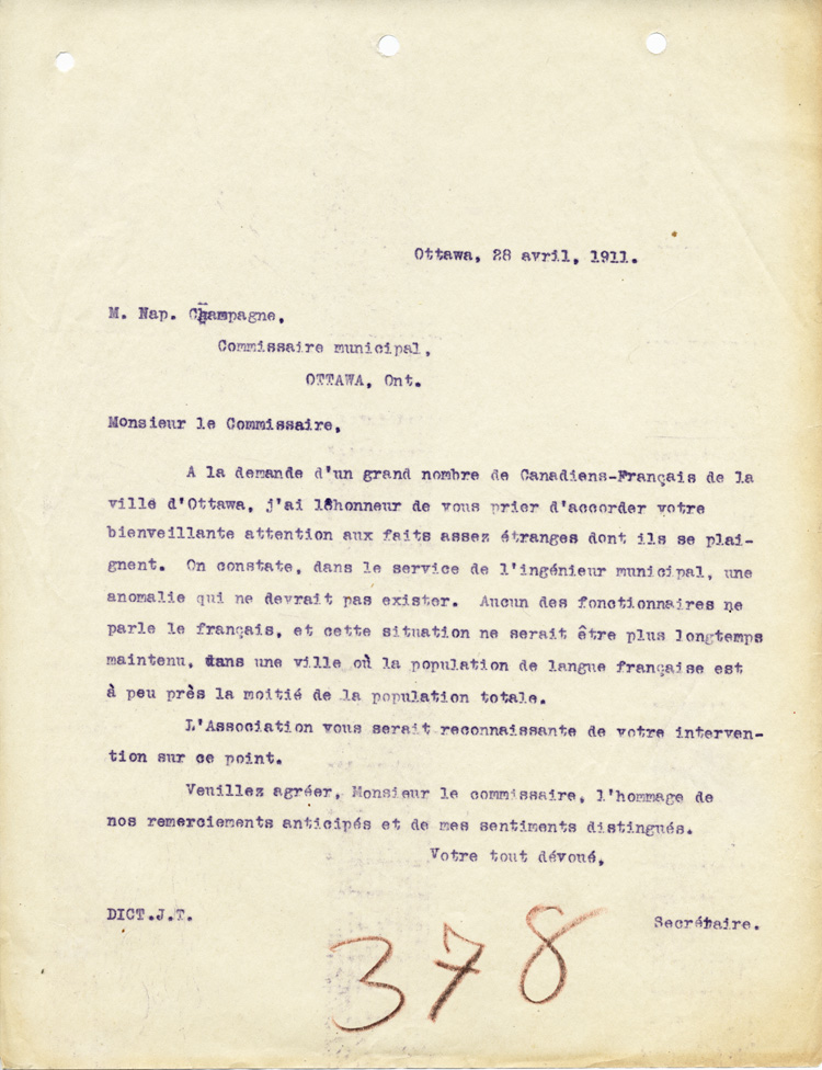 Reproduction d’une copie de la lettre de l’Association canadienne-fran&ccedil;aise d’&eacute;ducation d’Ontario &agrave; Napol&eacute;on Champagne, commissaire &agrave; la ville d’Ottawa (Ontario), 28 avril 1911.