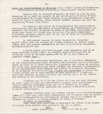 Reproduction de la deuxi&egrave;me page du texte du discours de Robert Gauthier, directeur de l’enseignement fran&ccedil;ais de l’Ontario, prononc&eacute; au congr&egrave;s r&eacute;gional de l’Association canadienne-fran&ccedil;aise d’&eacute;ducation d’Ontario, le 9 octobre 1942, &agrave; Windsor (Ontario), au sujet de la cr&eacute;ation de nouvelles &eacute;coles secondaires publiques en Ontario fran&ccedil;ais, 1942.