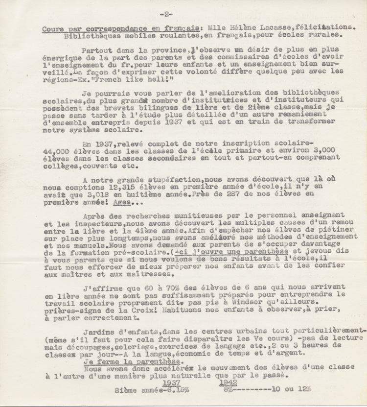 Reproduction de la deuxi&egrave;me page du texte du discours de Robert Gauthier, directeur de l’enseignement fran&ccedil;ais de l’Ontario, prononc&eacute; au congr&egrave;s r&eacute;gional de l’Association canadienne-fran&ccedil;aise d’&eacute;ducation d’Ontario, le 9 octobre 1942, &agrave; Windsor (Ontario), au sujet de la cr&eacute;ation de nouvelles &eacute;coles secondaires publiques en Ontario fran&ccedil;ais, 1942.