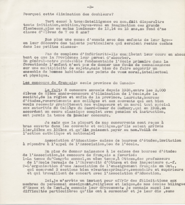 Reproduction de la troisième page du texte du discours de Robert Gauthier, directeur de l’enseignement français de l’Ontario, prononcé au congrès régional de l’Association canadienne-française d’éducation d’Ontario, le 9 octobre 1942, à Windsor (Ontario), au sujet de la création de nouvelles écoles secondaires publiques en Ontario français, 1942.