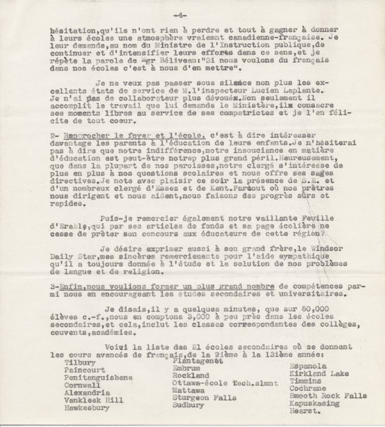 Reproduction de la quatrième page du texte du discours de Robert Gauthier, directeur de l’enseignement français de l’Ontario, prononcé au congrès régional de l’Association canadienne-française d’éducation d’Ontario, le 9 octobre 1942, à Windsor (Ontario), au sujet de la création de nouvelles écoles secondaires publiques en Ontario français, 1942.