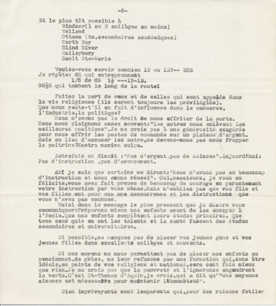 Reproduction de la cinqui&egrave;me page du texte du discours de Robert Gauthier, directeur de l’enseignement fran&ccedil;ais de l’Ontario, prononc&eacute; au congr&egrave;s r&eacute;gional de l’Association canadienne-fran&ccedil;aise d’&eacute;ducation d’Ontario, le 9 octobre 1942, &agrave; Windsor (Ontario), au sujet de la cr&eacute;ation de nouvelles &eacute;coles secondaires publiques en Ontario fran&ccedil;ais, 1942.