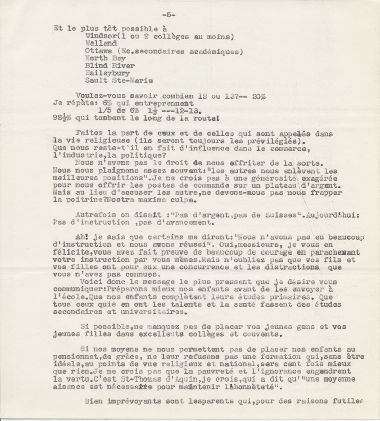 Reproduction de la cinquième page du texte du discours de Robert Gauthier, directeur de l’enseignement français de l’Ontario, prononcé au congrès régional de l’Association canadienne-française d’éducation d’Ontario, le 9 octobre 1942, à Windsor (Ontario), au sujet de la création de nouvelles écoles secondaires publiques en Ontario français, 1942.
